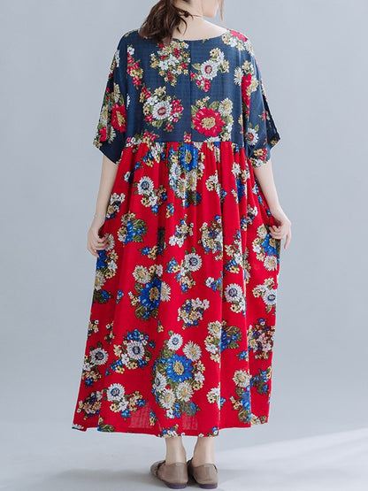 LOOSE FLOWER PRINT SPLIT-JOINT MAXI DRESS
