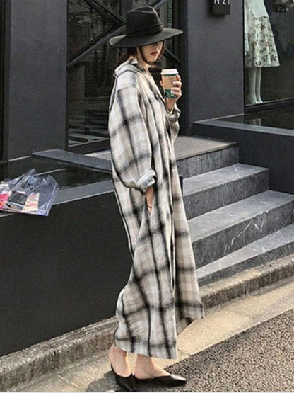 BIG PLAID LACE-UP LONG SHIRT DRESS