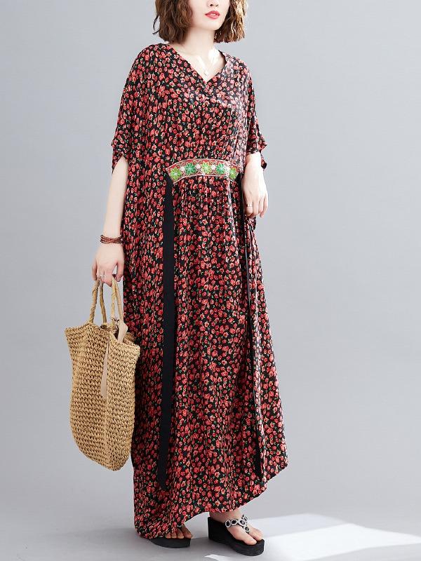 Plus Size Loose Print V-Neck Pleated Maxi Dress