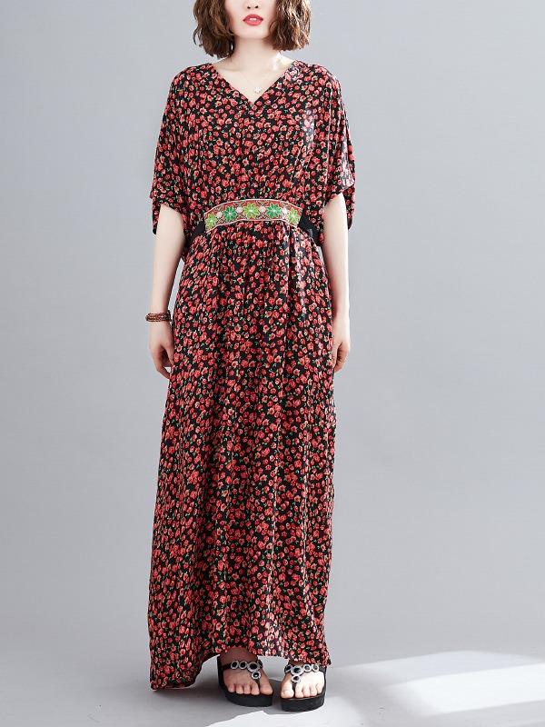 Plus Size Loose Print V-Neck Pleated Maxi Dress