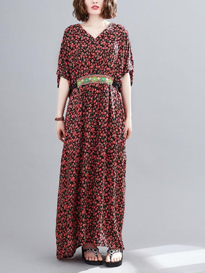 Plus Size Loose Print V-Neck Pleated Maxi Dress