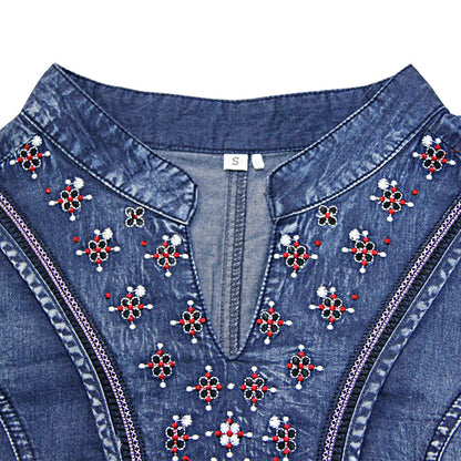 Ruffle hem denim skirt retro embroidery dress