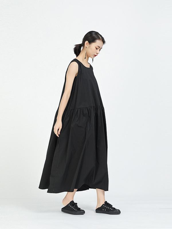 Loose A-Line Sleeveless Big-Hem Midi Dress