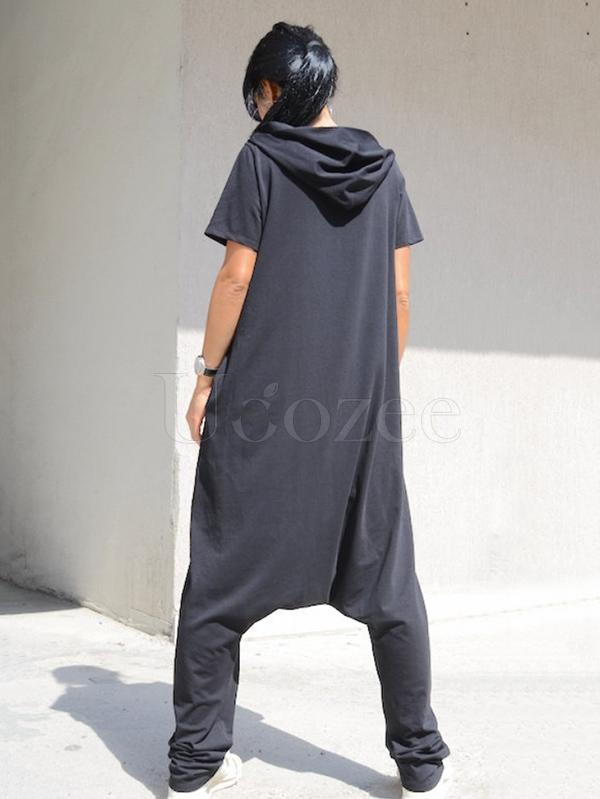 Loose Black Zipper Short Sleeves Jumpsuits