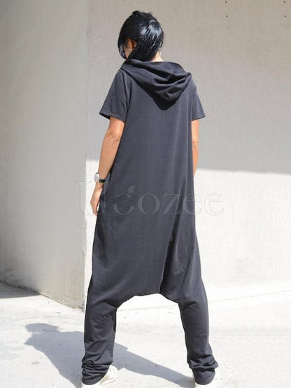 Loose Black Zipper Short Sleeves Jumpsuits