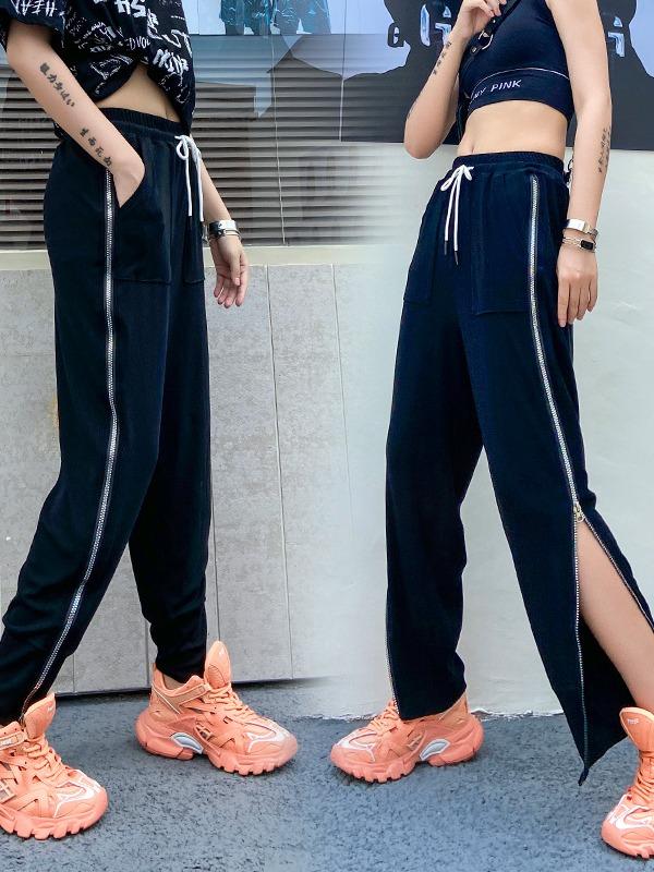 Plus Size Loose Lac-Up Zipper Sports Pants