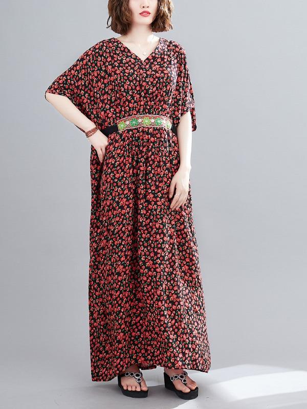Plus Size Loose Print V-Neck Pleated Maxi Dress