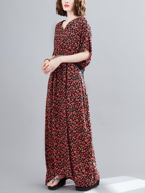 Plus Size Loose Print V-Neck Pleated Maxi Dress