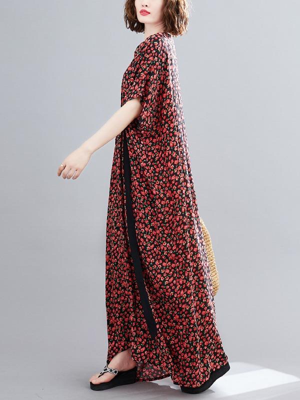 Plus Size Loose Print V-Neck Pleated Maxi Dress