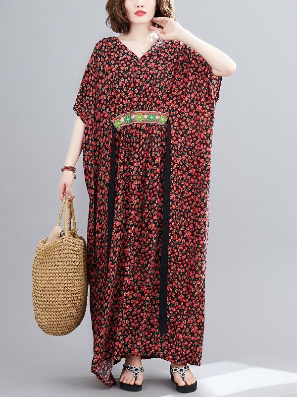 Plus Size Loose Print V-Neck Pleated Maxi Dress
