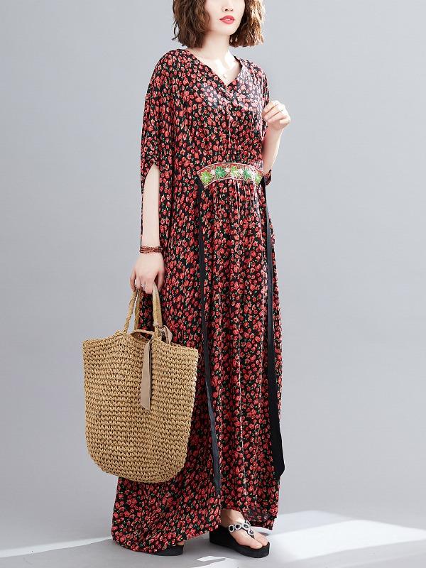 Plus Size Loose Print V-Neck Pleated Maxi Dress