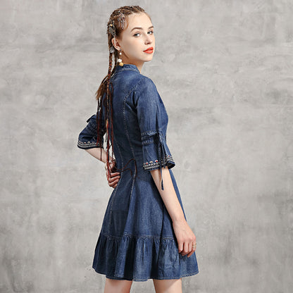 Ruffle hem denim skirt retro embroidery dress
