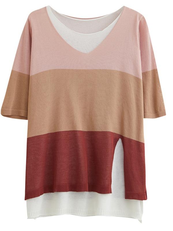 Loose False-Two Light Knitting Striped T-Shirts