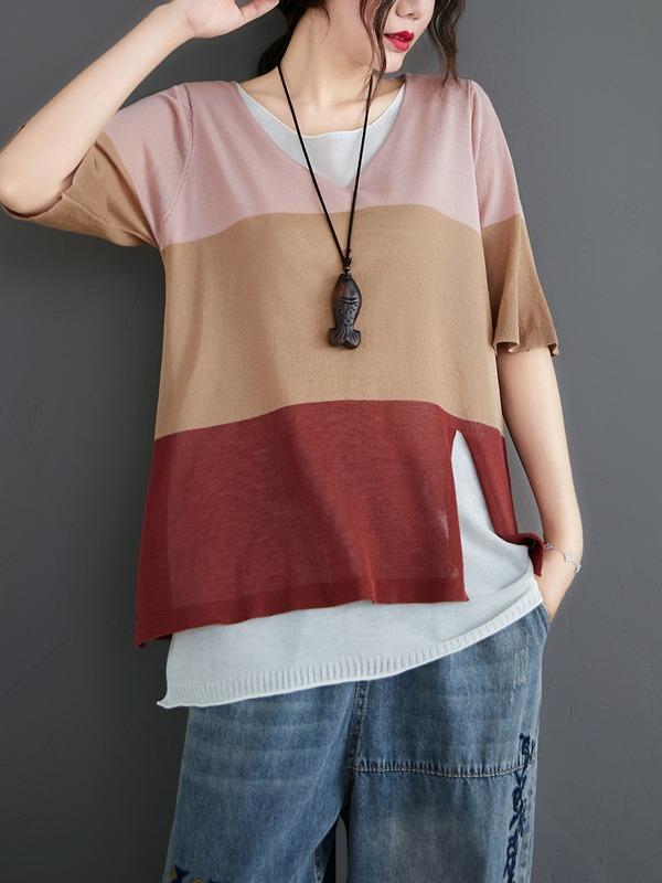 Loose False-Two Light Knitting Striped T-Shirts