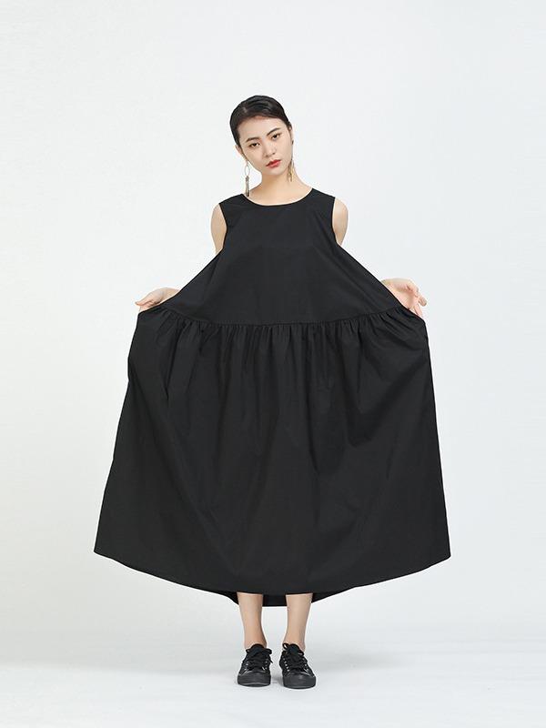 Loose A-Line Sleeveless Big-Hem Midi Dress