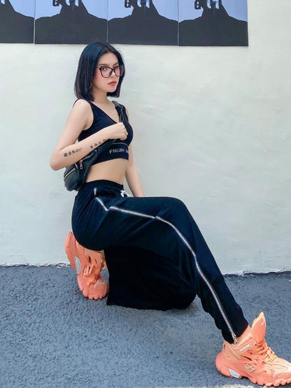 Plus Size Loose Lac-Up Zipper Sports Pants
