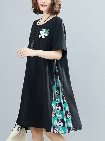 PLUS SIZE LOOSE SPLIT-JOINT PRINT MIDI DRESS