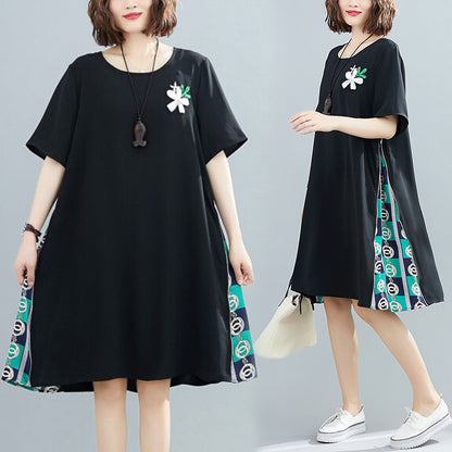 PLUS SIZE LOOSE SPLIT-JOINT PRINT MIDI DRESS