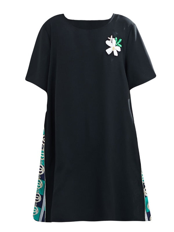 PLUS SIZE LOOSE SPLIT-JOINT PRINT MIDI DRESS