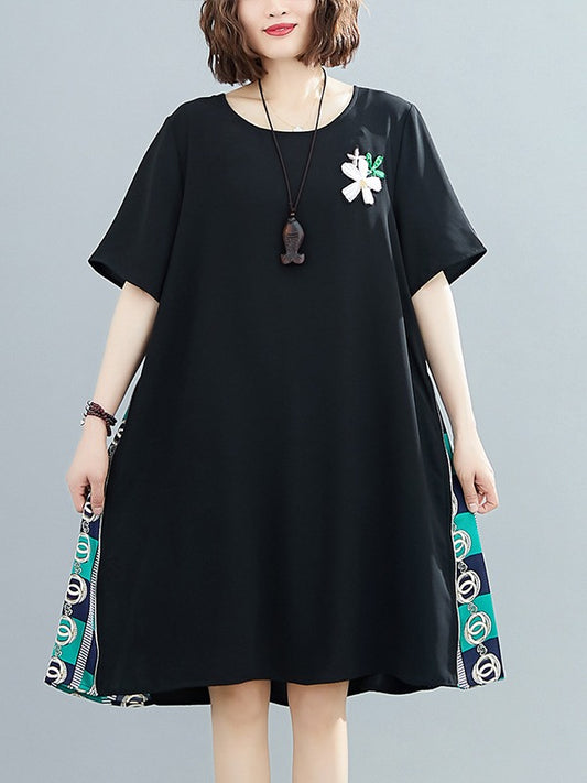 PLUS SIZE LOOSE SPLIT-JOINT PRINT MIDI DRESS