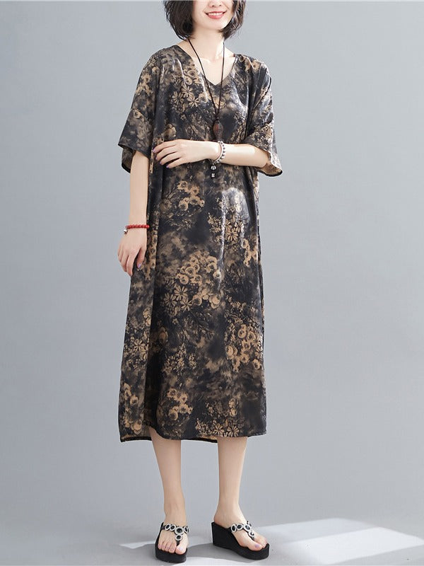 PLUS SIZE LOOSE PRINTED V-NECK MIDI DRESS