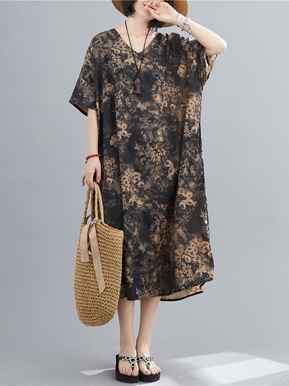 PLUS SIZE LOOSE PRINTED V-NECK MIDI DRESS