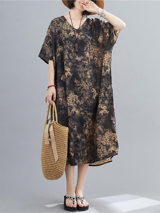 PLUS SIZE LOOSE PRINTED V-NECK MIDI DRESS