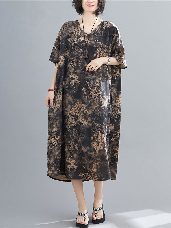 PLUS SIZE LOOSE PRINTED V-NECK MIDI DRESS