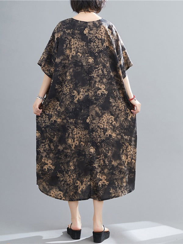 PLUS SIZE LOOSE PRINTED V-NECK MIDI DRESS