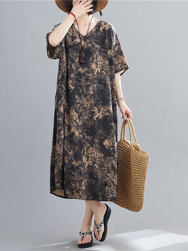 PLUS SIZE LOOSE PRINTED V-NECK MIDI DRESS