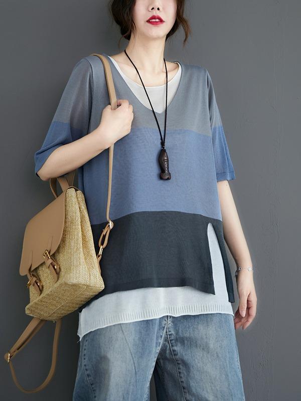 Loose False-Two Light Knitting Striped T-Shirts