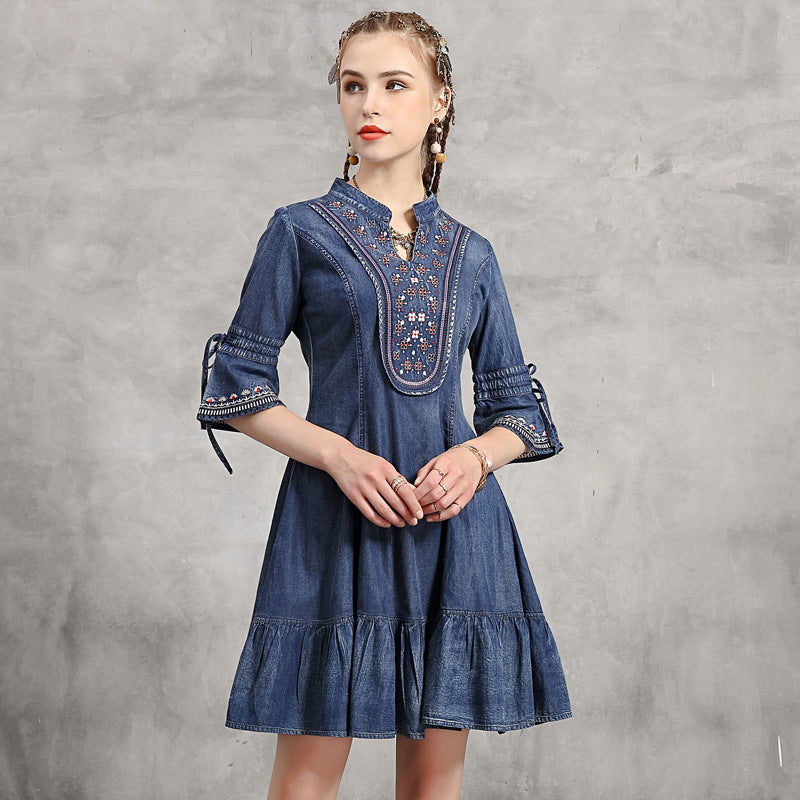 Ruffle hem denim skirt retro embroidery dress
