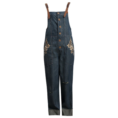 Summer denim slacks with retro embroidery casual Jumpsuit