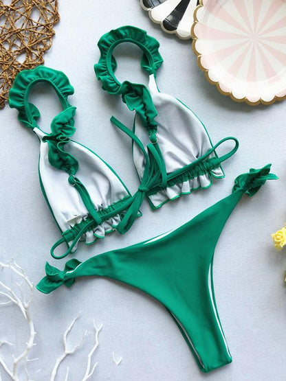 Plain Lettuce Frilled Bikini Swimsuit
