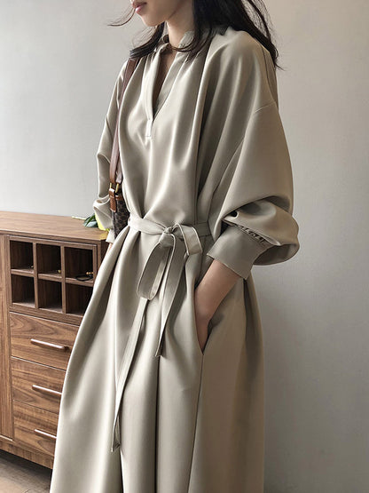 Urban Simple Solid Color Pleated Tied V-Neck Long Sleeves Midi Dress