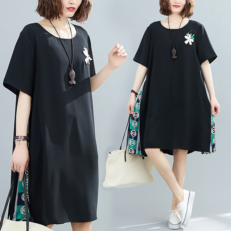 PLUS SIZE LOOSE SPLIT-JOINT PRINT MIDI DRESS