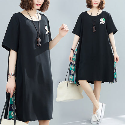 PLUS SIZE LOOSE SPLIT-JOINT PRINT MIDI DRESS