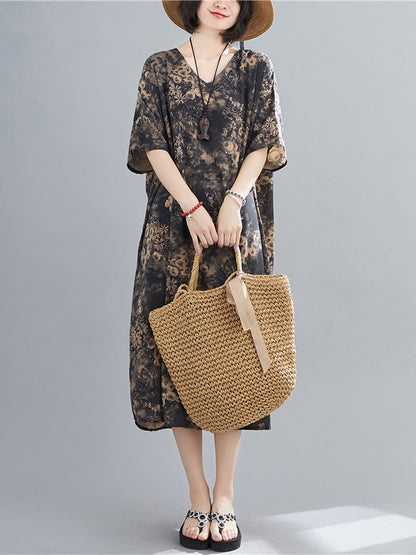 PLUS SIZE LOOSE PRINTED V-NECK MIDI DRESS
