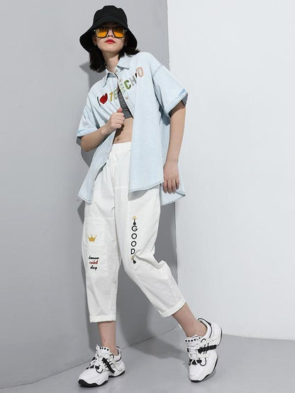 Corduroy Elasticity Letter Print Harem Pants