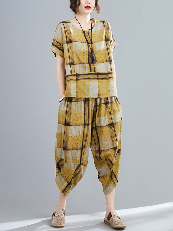 CASUAL WIDE-LEG YELLOW PLAID COMFORTABLE SUITS