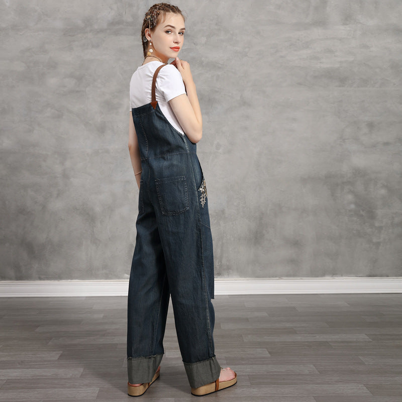 Summer denim slacks with retro embroidery casual Jumpsuit