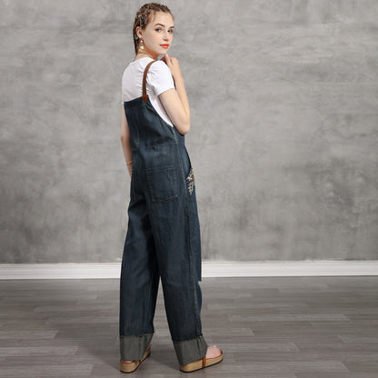 Summer denim slacks with retro embroidery casual Jumpsuit