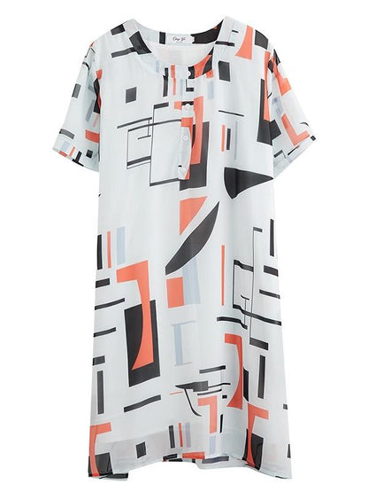 Loose Chiffon Printed Round-Neck Midi Dress