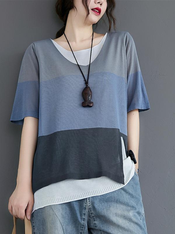 Loose False-Two Light Knitting Striped T-Shirts