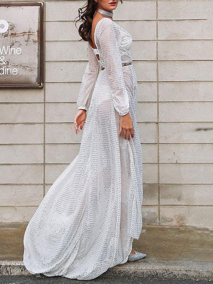 V-neck Flared Backless With Belt Maxi Dress