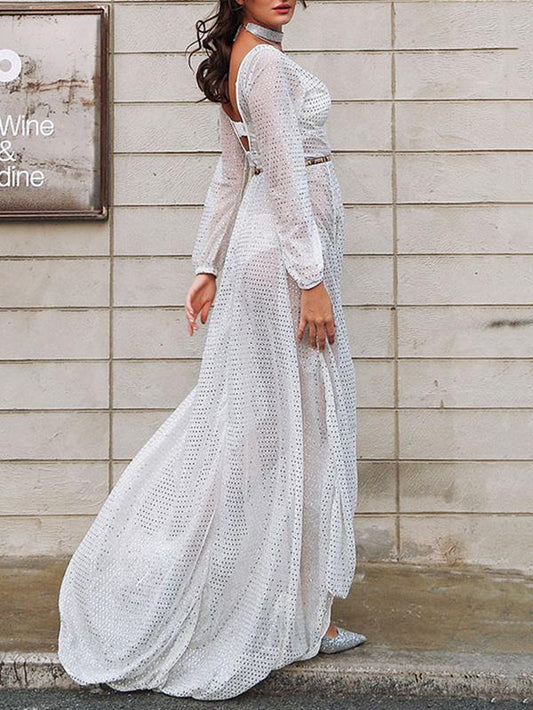 V-neck Flared Backless With Belt Maxi Dress