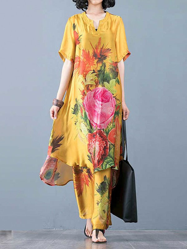 PLUS SIZE LOOSE PRINT SILK LONG SHIRT&WIDE-LEG PANTS SUITS