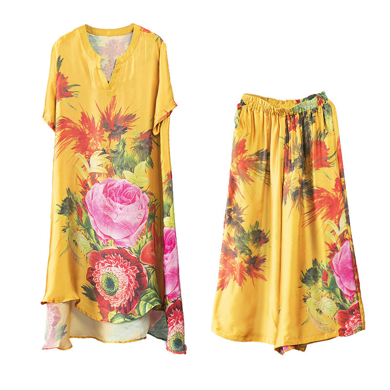 PLUS SIZE LOOSE PRINT SILK LONG SHIRT&WIDE-LEG PANTS SUITS