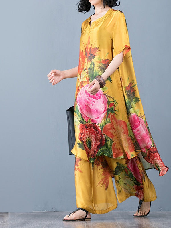 PLUS SIZE LOOSE PRINT SILK LONG SHIRT&WIDE-LEG PANTS SUITS