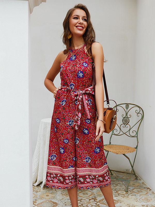 Vacation Printed Bandage Jumpsuits